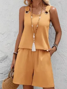 Ensemble deux pieces haut sans manches et short de couleur unie pour femme style casual