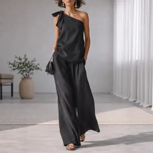 Women Casual Sleeveless One Shoulder Top And Wide Leg Pants Elegant Top And Bottom Summer Streetwear