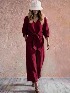 Stylish Women V-Neck Tie Waist Jumpsuit Three Quarter Sleeve Casual Vacation Outfit