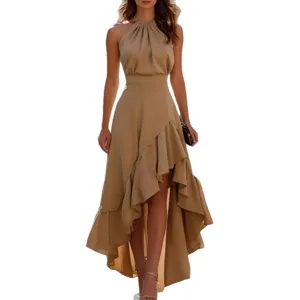 Elegant halter high-low maxi dress for women, casual chic sleeveless khaki dress main view.