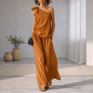 Stylish summer women two-piece set featuring a chic one-shoulder sleeveless top and wide-leg pants.