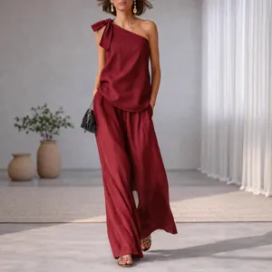 Elegant Women Summer One Shoulder Sleeveless Top And Wide Leg Pants Set Burgundy