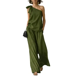 Green one shoulder sleeveless top and wide leg pants summer outfit for women style