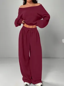 Casual off-shoulder knit sweatshirt and wide leg pants tracksuit set for women solid color