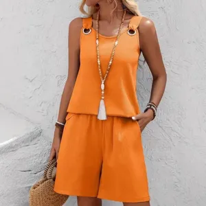 Ensemble Top et Short Sans Manches Couleur Unie Décontracté pour Femmes Tenue Élégante