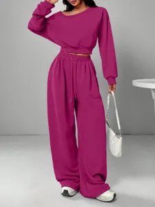 Women Casual Tracksuit Set Off Shoulder Sweatshirt Wide Leg Pants Solid Color Activewear