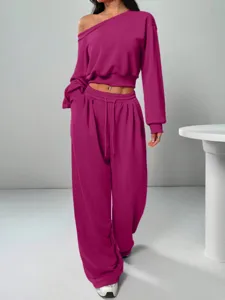 Women off shoulder crop sweatshirt and wide leg sweatpants stylish lounge set fuchsia