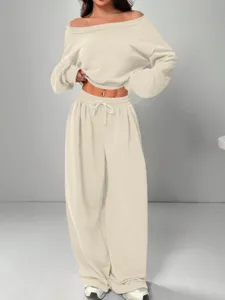 Beige off-the-shoulder long sleeve top and loose wide-leg casual pants set detail view.