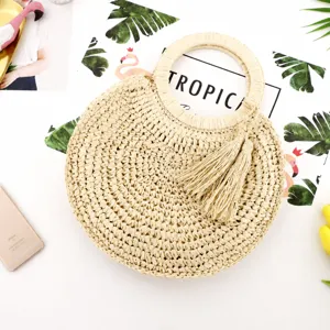 Borsa a mano rotonda in paglia intrecciata con nappa stile spiaggia estiva donna casual