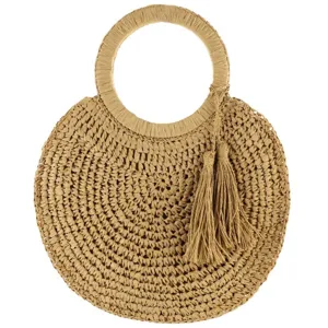 Borsa a mano rotonda in paglia intrecciata con manico a nappa, elegante borsa da spiaggia donna.