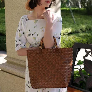 Women's Vintage PVC Woven Tote Bag Large Capacity Bamboo Handle Casual Beach Handbag Retro Top Handle Purse