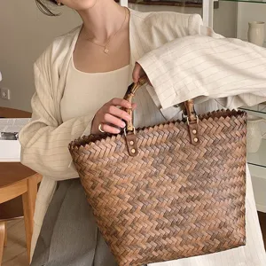 Retro straw woven tote bag for women large capacity casual beach handbag with bamboo handle