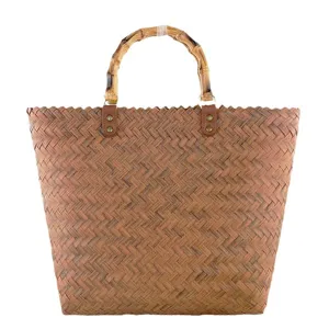 Retro large capacity straw woven tote bag with natural bamboo handle for casual beach wear.