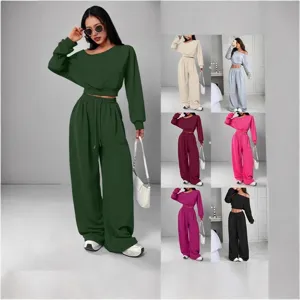 Women Casual Solid Color Off Shoulder Long Sleeve Sweatshirt And Wide Leg Pants Top And Bottom Streetwear