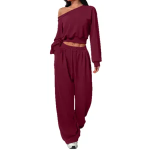 Women Off-Shoulder Sweatshirt and Loose Sweatpants Lounge Set Wine Red Main View