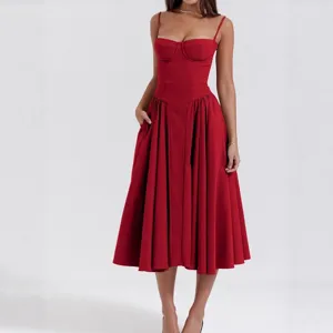 Elegant Polyester Corset Midi Dress For Women Vintage Solid Color Spaghetti Strap High Waist Flared Skirt Summer Vacation Dress