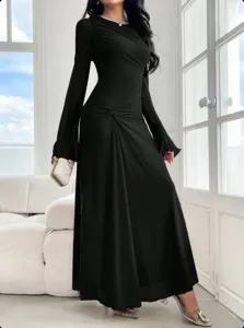 Elegant long sleeve bodycon ruched maxi dress with chic flare cuffs for women style.