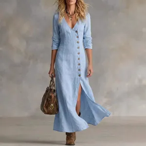 Womens Casual Cotton Blend Long Sleeve V-Neck Bodycon Maxi Dress Solid Color Elegant Slim Fit Spring Summer Dress