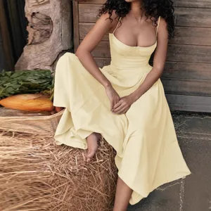 Elegant light yellow strapless corset midi dress for women, stylish sexy summer outfit.