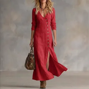 Women's casual long sleeve red linen maxi dress with button front and elegant slit design.