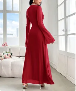 Detailed view of the elegant red long-sleeve slim dress showcasing back design and fit.