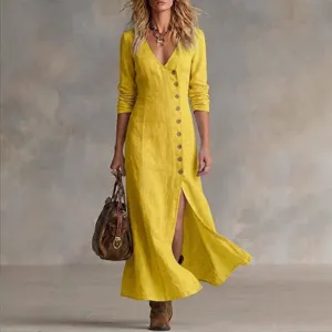 Women's yellow long sleeve linen maxi dress with front buttons and side slit for summer.