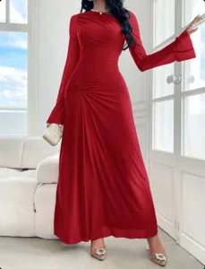 Elegant long sleeve trumpet sleeve slim fit pleated dress detail showcasing feminine charm.