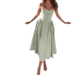 Elegant sage green corset midi dress with thin straps and flared skirt for women main view