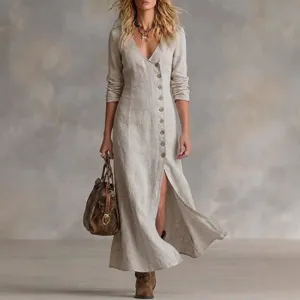 Women linen long sleeve v-neck maxi dress with button front casual chic spring outfit
