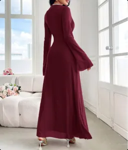 Burgundy long sleeve trumpet sleeve slim fit maxi dress elegant evening party fashion apparel.