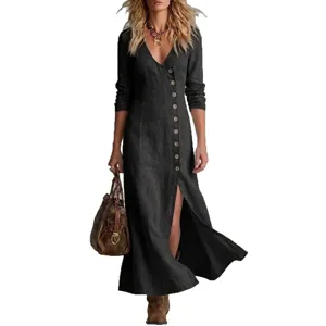Women's Long Sleeve Linen Maxi Dress Casual V-Neck Button Front Slit Long Dresses