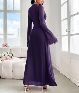 Detail view of a solid dark purple maxi dress with chic flare sleeves and slim fit.