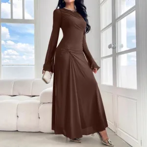 Women's Elegant Long Sleeve Bell Sleeve Slim Fit Pleated Bodycon Maxi Dress Casual Solid Color Commuter Dress