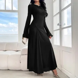 Elegant long sleeve black maxi dress featuring stylish bell sleeves and slim fit design.