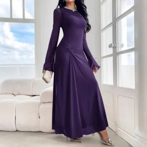 Purple Long Sleeve Pleated Maxi Dress Elegant Slim Fit Trumpet Sleeve Evening Party Long Dress