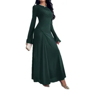 Elegant dark green long sleeve slim fit maxi dress for women evening party clothing