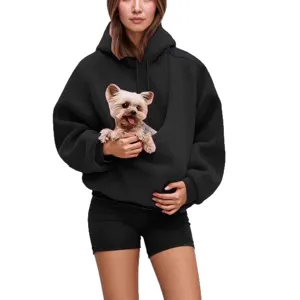 Women Solid Color Fleece Hooded Pet Pouch Loose Pullover Sweatshirt Autumn Winter