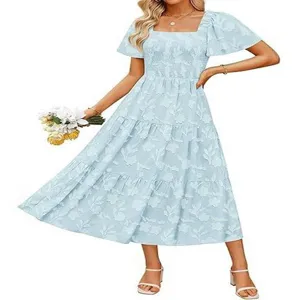 Women Square Neck Short Sleeve Embroidered Floral Midi Dress Elegant Tiered Smocked Waist Summer Vacation Polyester Dress