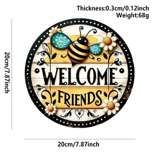 Dekoratives Holz Willkommen Türschild mit Biene und Gänseblümchen Muster, 20cm Durchmesser.
