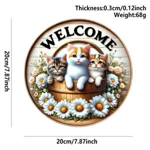 Rundes Holz-Willkommensschild im Vintage-Stil mit süßen Katzen und Blumen für Heimdekoration.