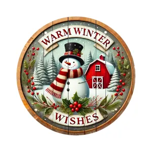 Christmas wooden hanging sign round snowman plaque winter holiday home wall decor ornament