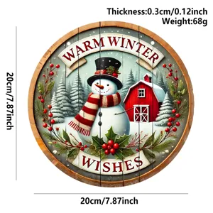 Christmas wooden hanging sign round door decoration with snowman and red barn for holiday decor