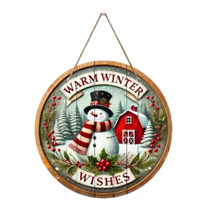 Christmas wooden hanging sign with cute snowman and red barn design for festive door decor.