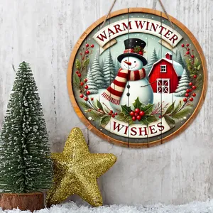 Wooden Christmas hanging sign with snowman pattern, round holiday door plaque decor for home.