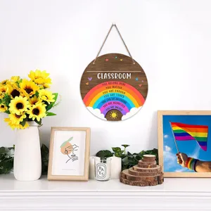 Classroom wooden hanging sign detail, colorful rainbow motivational quote plaque wall decor.