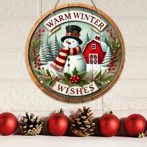 Christmas wooden hanging sign round snowman door plaque for holiday home wall decor