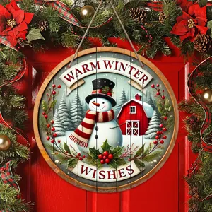 Christmas round wooden hanging sign decorative door plaque winter snowman pattern festive home decor