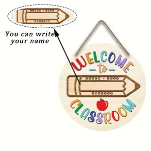Wooden classroom welcome hanging sign detail featuring pencil shape and custom name writing space.