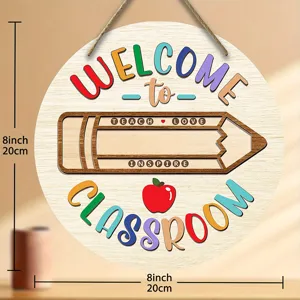 Wooden classroom hanging sign with colorful letters and pencil design for school decor.