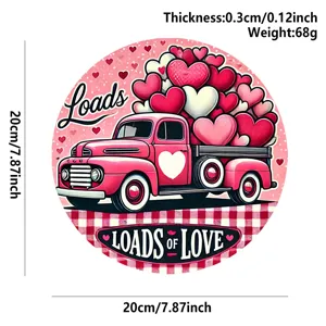 Round wooden Valentine's Day decorative door sign with cute pink truck love hearts design.